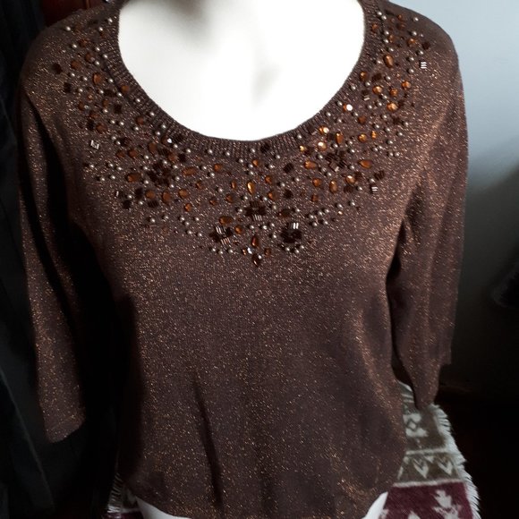 Cotton Blend Sweater - Coppery Metallic with jewelled neckline - Size M - Picture 1 of 4
